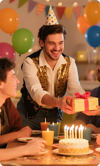 Employee celebrating with balloons for birthday leave