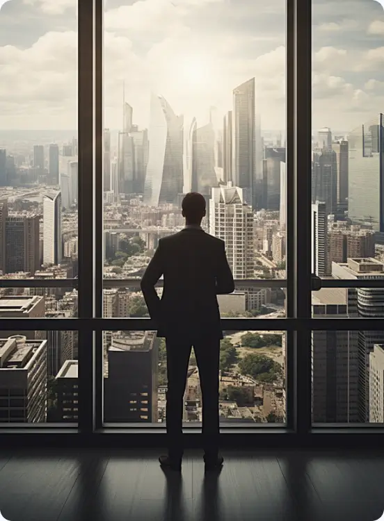Professional looking across a city skyline for career growth