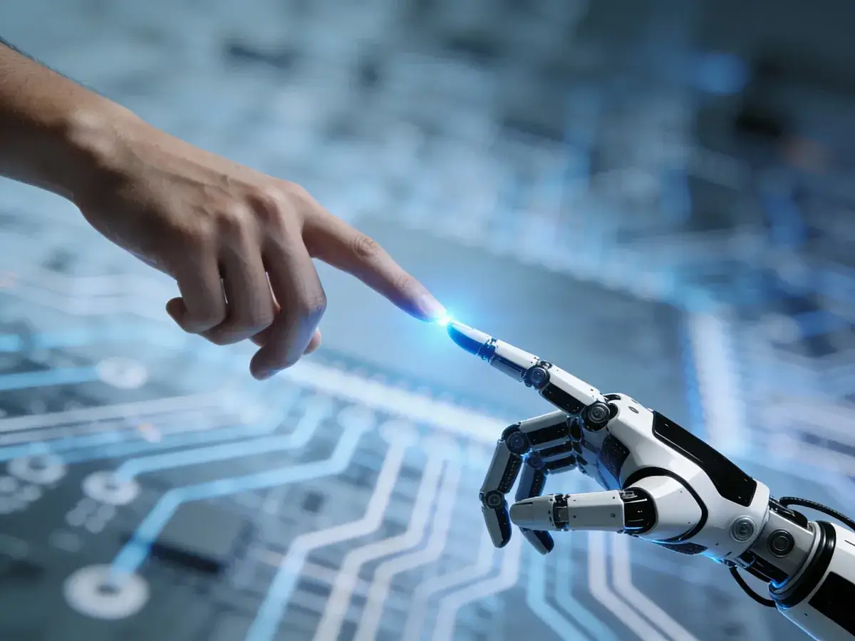 Digital innovation and automation represented by a robotic hand